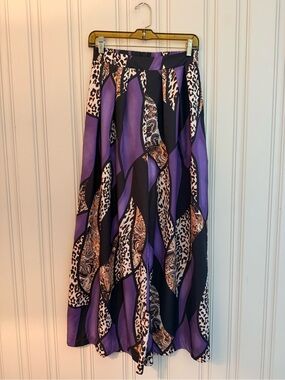 Women's Purple Patterned Wide-Leg Pants with Animal Print Accents